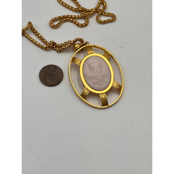 Extasia Signed Gold Tone Athena and Owl Intaglio Cameo Pendant Long Necklace - Picture 4 of 8